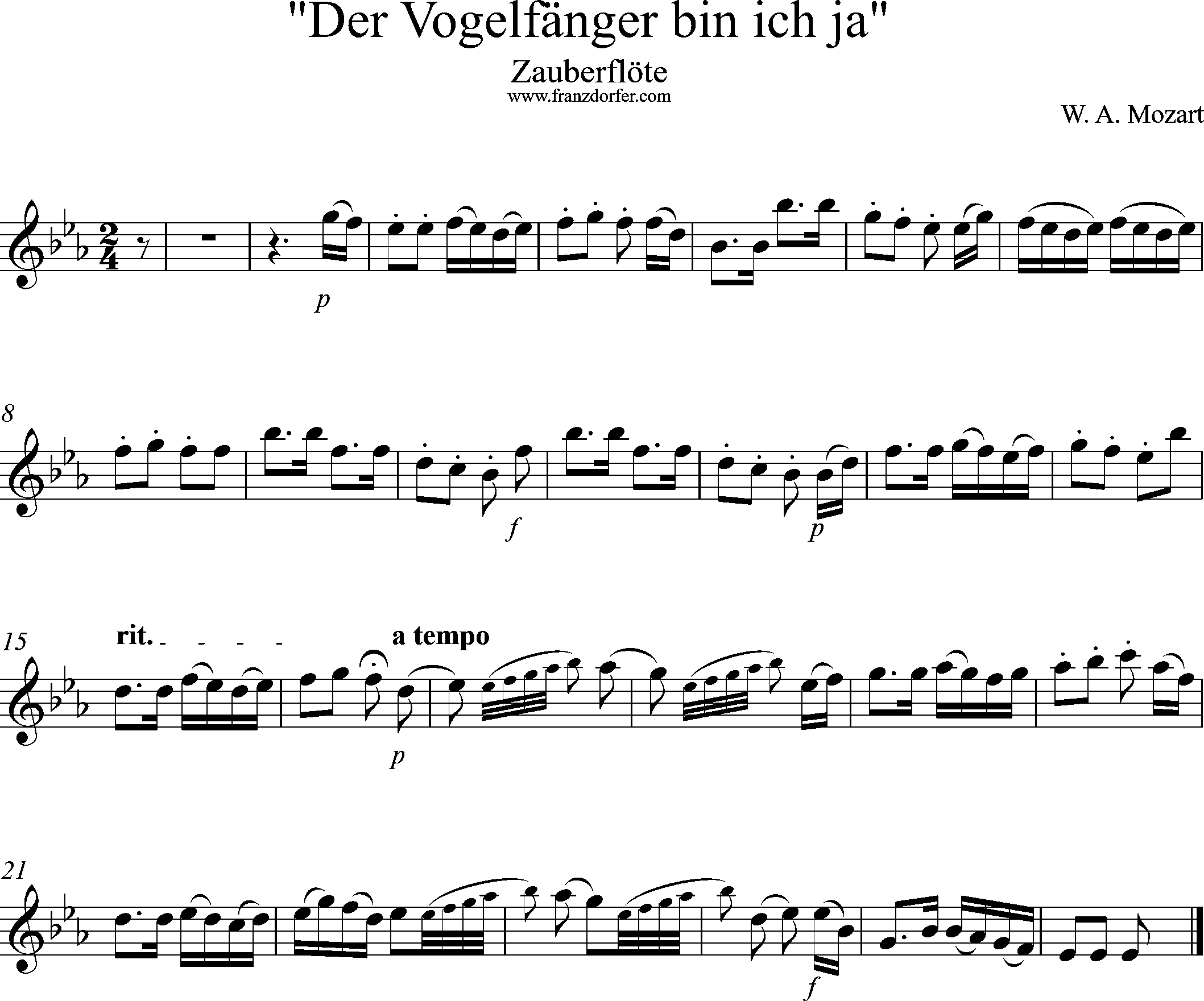 Uauberflöte, Vogelfängerlied, Solostimme, Eb-Dur